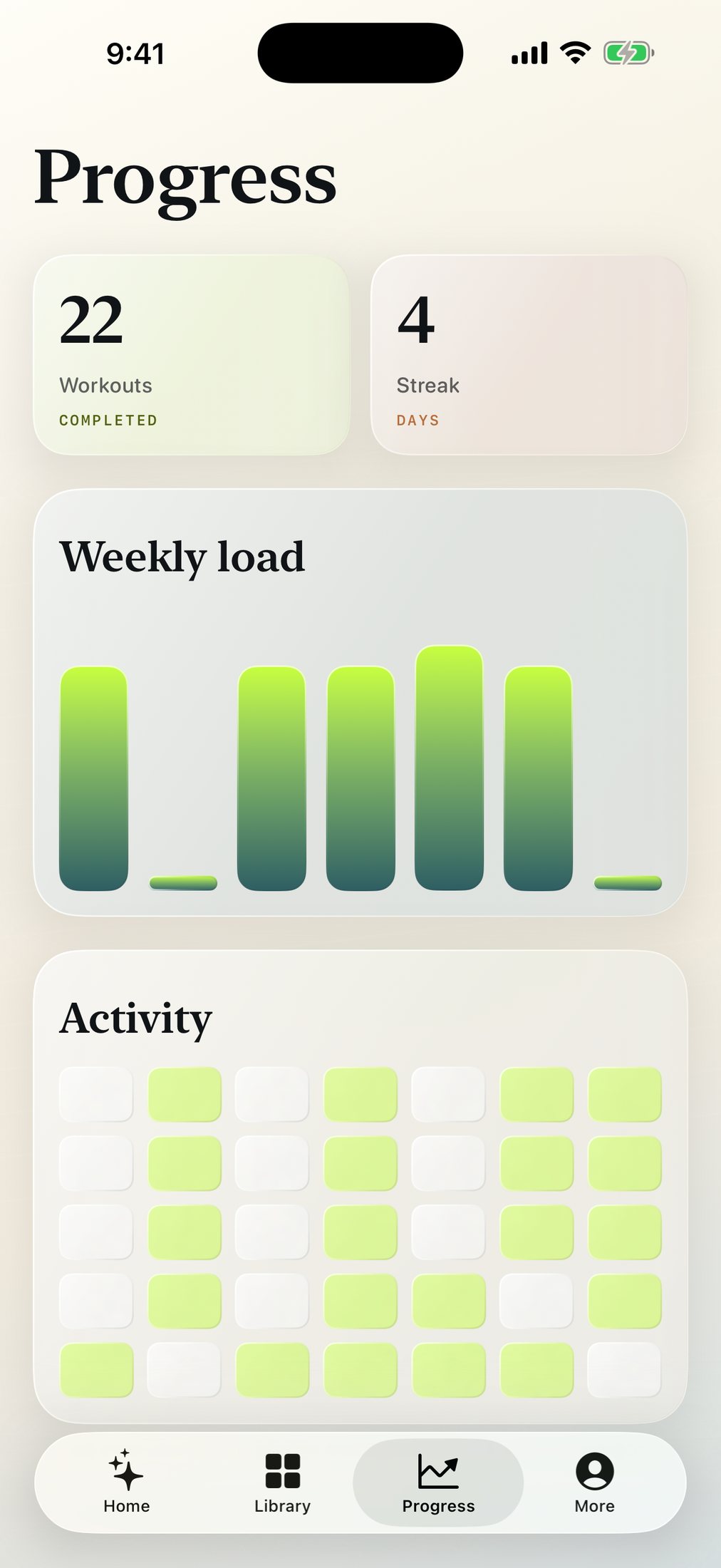 The progress screen: 22 workouts completed, a 4-day streak, a weekly load chart, and an activity grid