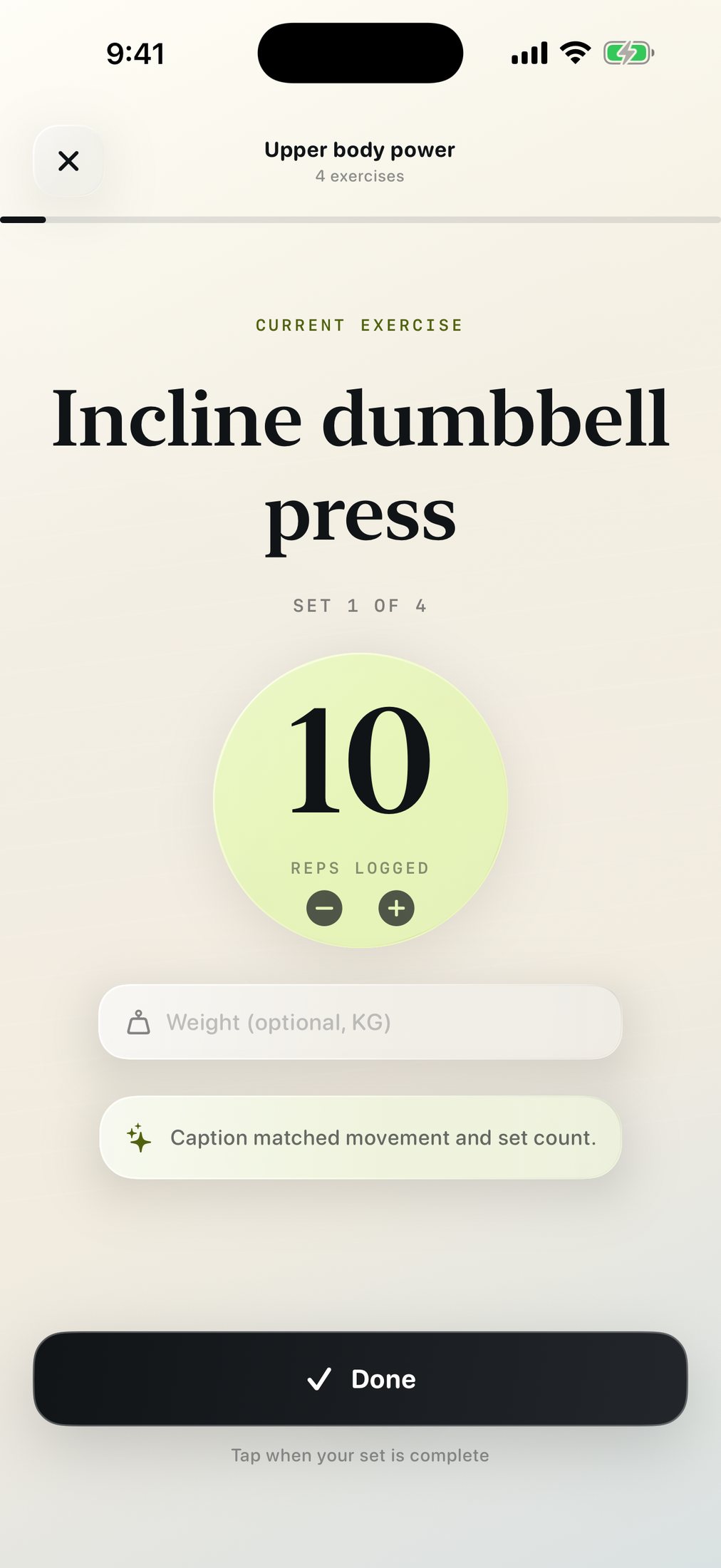 A live workout session: incline dumbbell press, set 1 of 4, with a large rep counter and a Done button